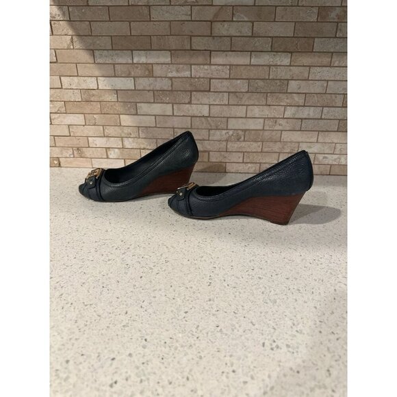 Tory Burch Emma High Open Toe Cork Wedges Black Size 5.5 - Picture 2 of 5